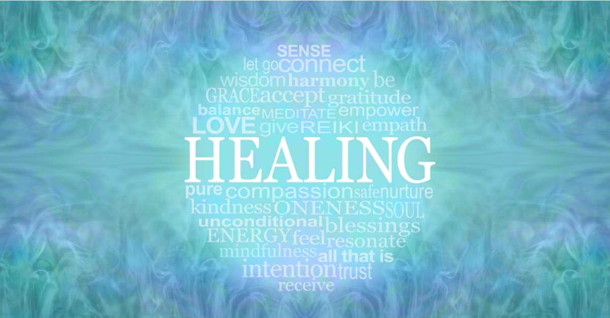 Healing Circle Spiritual Words Message Banner on blue green background
